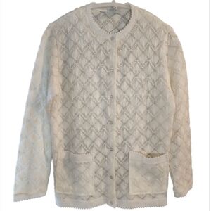 Vintage Cardigan 60s 50s DeMura 100% Acrylic Sz 42 White Cottage Core Coquette